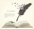 Old feather with flying birds and open book Royalty Free Stock Photo