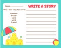 Writing prompt for kids blank. Educational children page. Develop fantasy and writing stories skills. Summer holidays theme Royalty Free Stock Photo