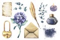Writing supplies: papyrus paper, craft envelope, gold pen, ink, candle, lock and hydrangea and eucalyptus. Hand drawn Royalty Free Stock Photo