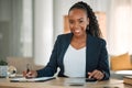 Writing, tablet and business woman in portrait for financial accounting, taxes management and audit report or checklist Royalty Free Stock Photo