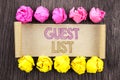 Writing text Guest List. Concept meaning Planning Wedding Or Event Important Guests Lists written on sticky note paper with folde