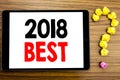 Writing text showing 2018 Best. Business concept for Choice Review written on tablet computer on the wooden background with questi Royalty Free Stock Photo