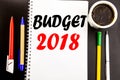 Writing text showing Budget 2018. Business concept for Household budgeting accounting planning Written on notepad note paper backg Royalty Free Stock Photo