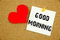 A writing text showing concept of Good Love Morning made on sticky note handwritten letters words for Loving concept white cork ba