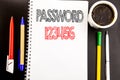 Writing text showing Password 123456. Business concept for Security Internet Written on notepad note paper background with space o Royalty Free Stock Photo