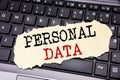 Writing text showing Personal Data. Business concept for Digital Protection written on sticky note paper on the black keyboard bac Royalty Free Stock Photo