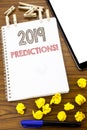 Writing text showing 2019 Predictions. Business concept for Forecast Predictive written on note paper with folded Meaning Thinking Royalty Free Stock Photo