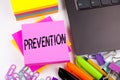 Writing text showing Prevention made in the office with surroundings such as laptop, marker, pen. Business concept for Business Me