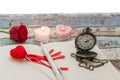 Writing time for love: red rose, journal, pen, and pocket watch Royalty Free Stock Photo