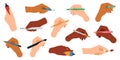 Writing tools in hand. Pen, pencil, stylus, felt-tip pen in arms, writing and drawing tools vector illustration icons Royalty Free Stock Photo