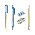 Writing tools. Pencil, pens, eraser and sharpener. Cute hand drawn illustration vector. White background. Royalty Free Stock Photo