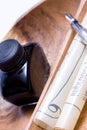 Writing tools on wooden tray