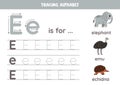 Writing uppercase and lowercase letter E. Printable worksheet. Cute illustration of elephant, emu, echidna.