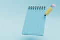 writing utensils. notebook with a pencil on a blue background. copy paste, coopy space. 3d render