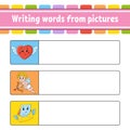 Writing words from pictures. Education developing worksheet. Heart, cupid, envelope. Activity page for kids. Puzzle for children.