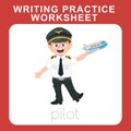 Writing practice worksheet with kidsÃ¢â¬â¢ profession dream. A cute little pilot with the uniform and holding an airplane miniature. Royalty Free Stock Photo