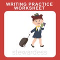 Writing practice worksheet with kidsÃ¢â¬â¢ profession dream theme. a cute stewardess holding passport and suitcase ready to flight. Royalty Free Stock Photo