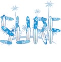 Written with blue surfboards with palm tree Royalty Free Stock Photo