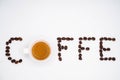 Written CaffÃ¨ with coffee beans and a cup of coffee instead of the letter O