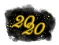 2020 written in elegant golden lighting letters on black watercolor painted and isolated splash with gold and white star splatters Royalty Free Stock Photo