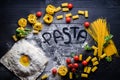 On written flour pasta Top view. Royalty Free Stock Photo