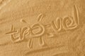 Written Hashtag Travel With Sun Sign And Beam On Sand Of Beach Wave Background