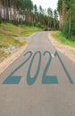 2021 written on the highway in the middle of an empty asphalt road in a natural Park, between tall pines