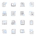 Written materials line icons collection. Manuscripts, Texts, Documents, Books, Novels, Reports, Essays vector and linear