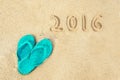 2016 written in the sand of a beach Royalty Free Stock Photo