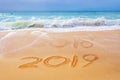 2019 written on the sand of a beach, travel new year concept Royalty Free Stock Photo