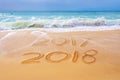 2018 written on the sand of a beach, travel new year concept