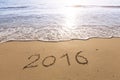 2016 written on a sandy beach with bright sun Royalty Free Stock Photo