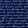 Written seamless pattern. Repeating handwriting scribbles. Word line for design prints. Repeated writing lines background. Repeat
