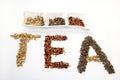 Written tea word with camomile, dog rose and green tea herbs Royalty Free Stock Photo