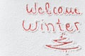 Written `Welcome winter` on the snow Royalty Free Stock Photo