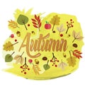 Written the word autumn with yellow leaves