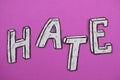 Written word hate, white on a pink background