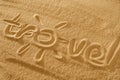 Written Words Travel With Sun Sign And Beam On Sand Of Beach Wave Background