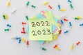 2022 and 2023 written on a yellow sticky note Royalty Free Stock Photo