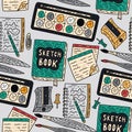 Writting accessories vector seamless pattern. Doodle color drawing supplies for school and art.