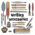 Writting accessories vector set. Doodle color drawing supplies for school and art.