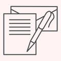 Writting letter thin line icon. Notes, envelope and pen. Postal service vector design concept, outline style pictogram