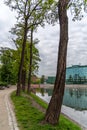 WrocÃâaw hotel Park Plaza on the Oder River with swans swimming