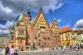 WrocÃâaw, Poland, August 2021. Famous WrocÃâaw facades of old historic buildings, tenement houses in the Market Square Rynek