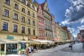 WrocÃâaw, Poland, August 2021. Famous WrocÃâaw facades of old historic buildings, tenement houses in the Market Square Rynek