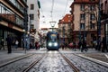 Wroclav, Poland - December 23, 2018 - Wroclaw tram and city street in the downtown area Royalty Free Stock Photo