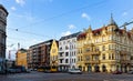 Wroclaw modern cityscape with wide streets and traditional historical tenement houses in sunny spring day, Poland