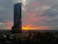 Wroclaw October 11 2017 Sky Tower in front of sunset with burning clouds