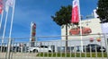 Fiat Automobiles company logo on a dealership building. Italian car manufacturer auto salon with corporation logotype