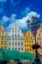 Cityscape of Wroclaw old town Market Square with colorful ornate historical buildings Royalty Free Stock Photo